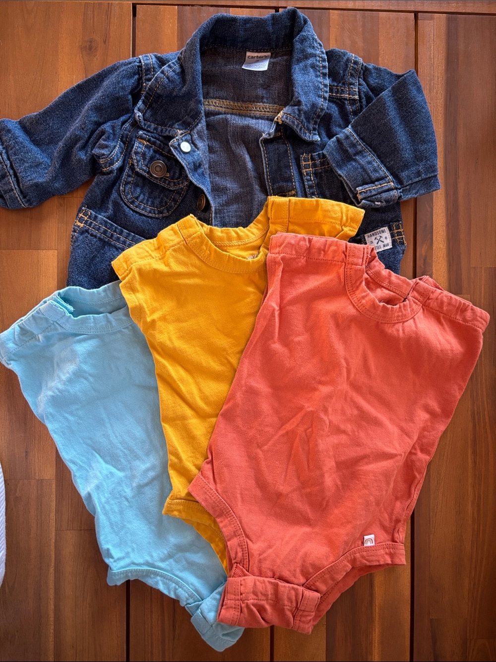 Denim Jacket + 3 Solid Color Baby Bodysuits - Blue, Yellow, Coral